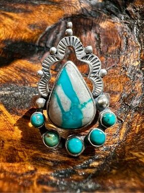 Sterling Silver Ribbon Turquoise Ring Size 9 Statement Ring Southwestern
